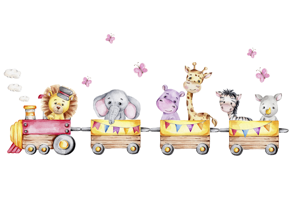 Cartoon,Train,With,Lion,Driver,And,Elephant,,Rhinoceros,,Giraffe,,Hippopotamus PS 1040 Sevimli Hayvanlar Treninde Cocuk Odasi Poster Duvar Kagidi