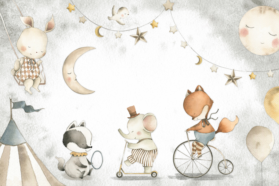 Circus,Watercolor,Illustration,Woodland,Animals,Background PS 1080 Ay Isigi ve Sevimli Hayvanlar Temali Duvar Kagidi