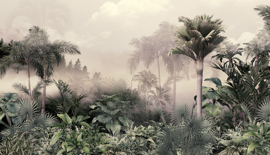 Tropical,Trees,And,Leaves,Wallpaper,Design,In,Foggy,Forest,- PS 770 Sisli Tropikal Orman Desenli Poster Duvar Kagidi
