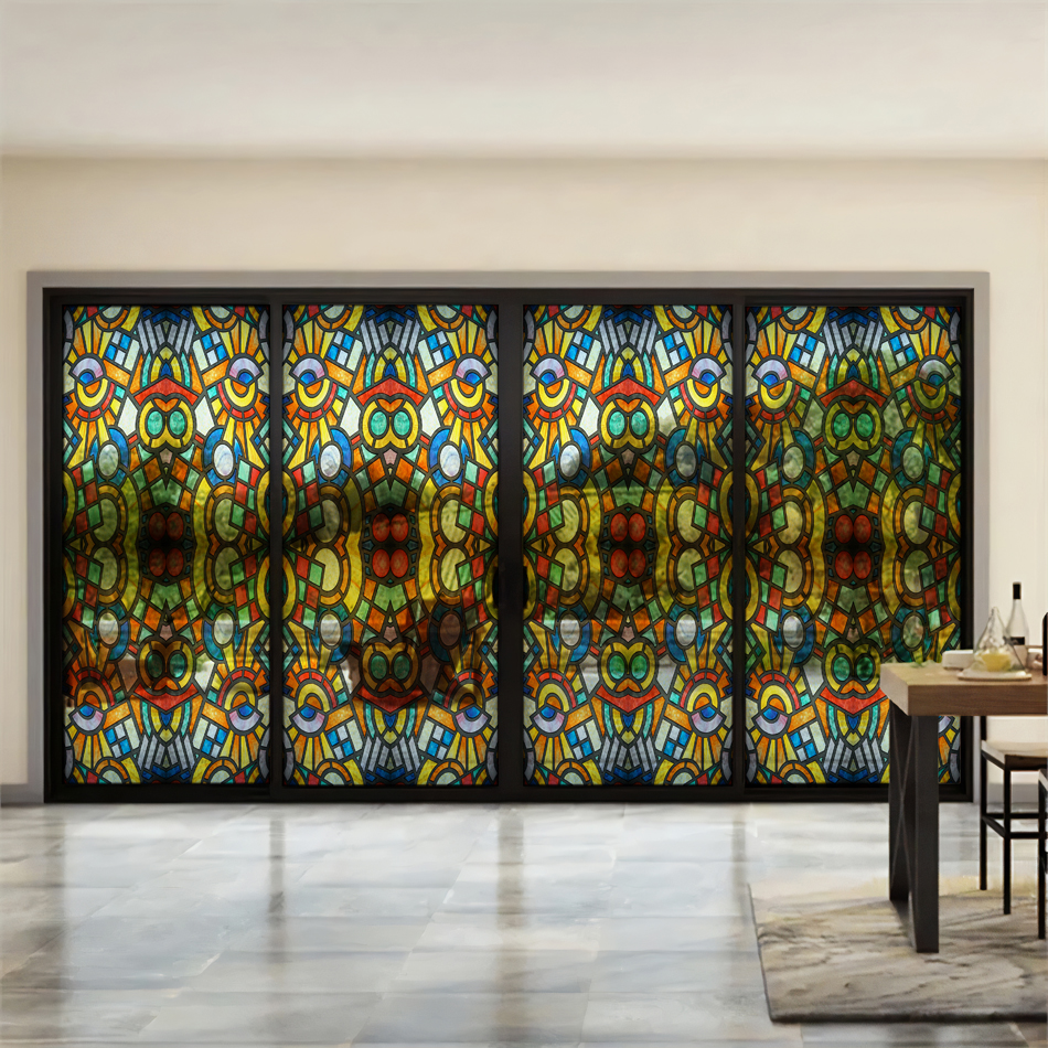 SF 628 Enerjik Renkli Geometrik Desenli Şeffaf Vitray Cam Kaplama Yapışkanlı Folyo (6) SF 628 Enerjik Renkli Geometrik Desenli Seffaf Vitray Cam Kaplama Yapiskanli Folyo 6 1